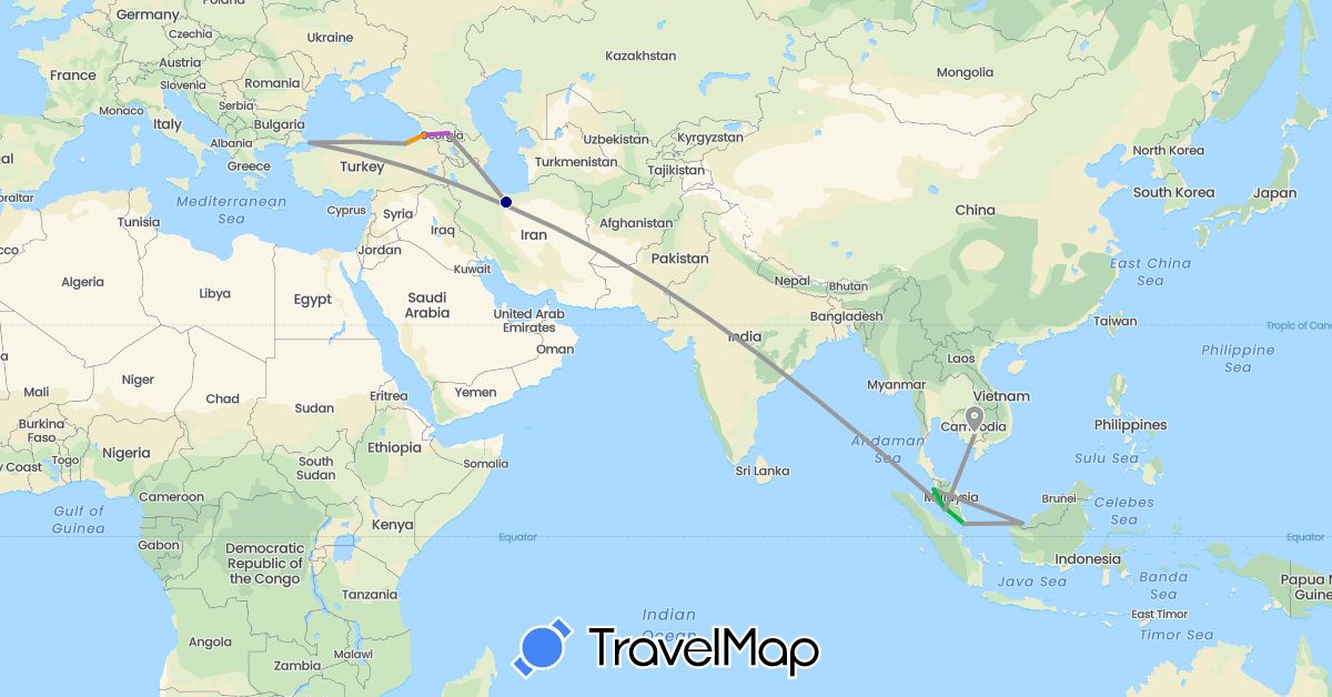 TravelMap itinerary: driving, bus, plane, train, hitchhiking in Georgia, Iran, Cambodia, Malaysia, Turkey (Asia)